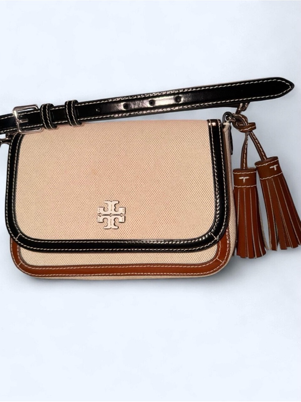 Tory Burch Beige Canvas Crossbody with Black Trim & Brown Tassels